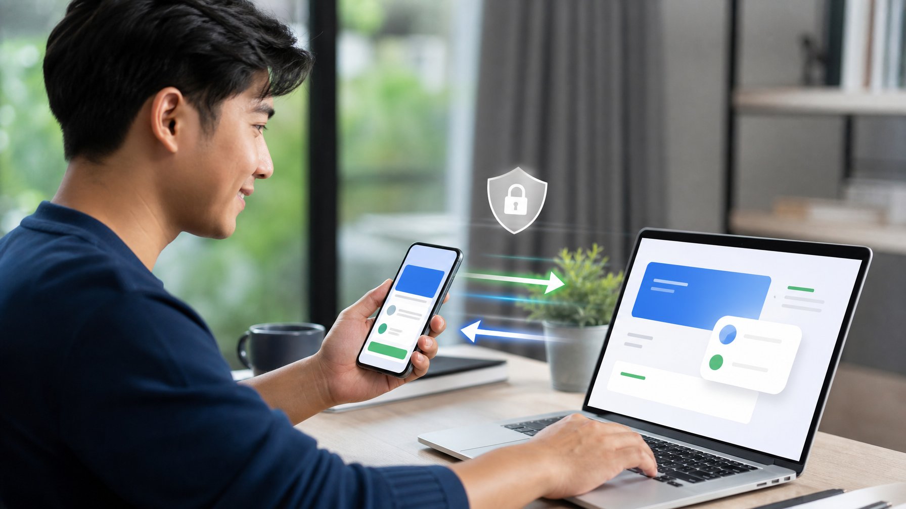 Seseorang menggunakan ponsel dan laptop untuk melakukan transaksi digital yang cepat dan aman.