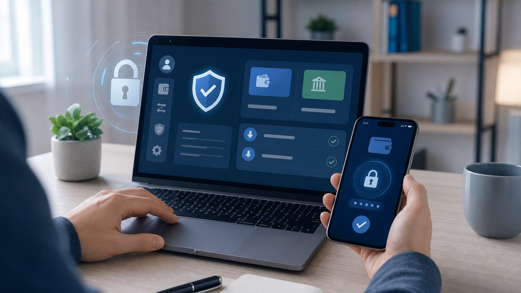 Seseorang menggunakan laptop dan ponsel untuk mengelola transaksi digital yang aman dengan simbol perisai dan kunci.