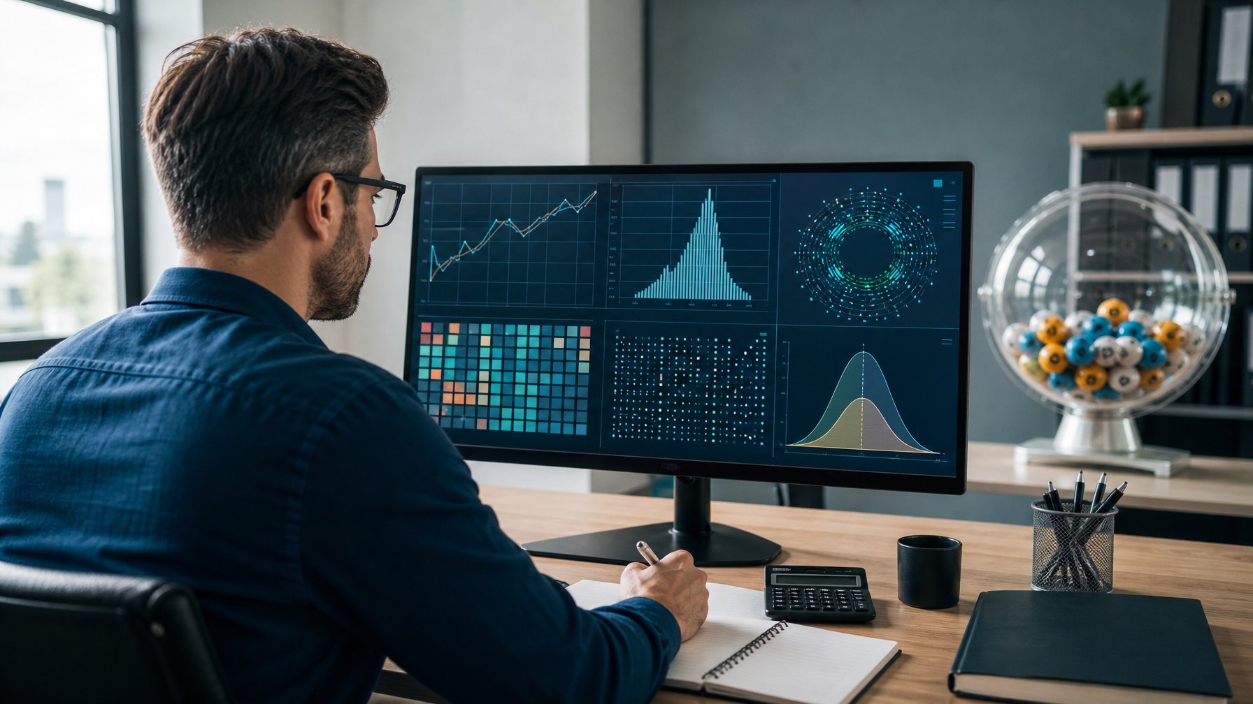Analis meninjau grafik probabilitas dan bola bernomor di ruang kerja modern.