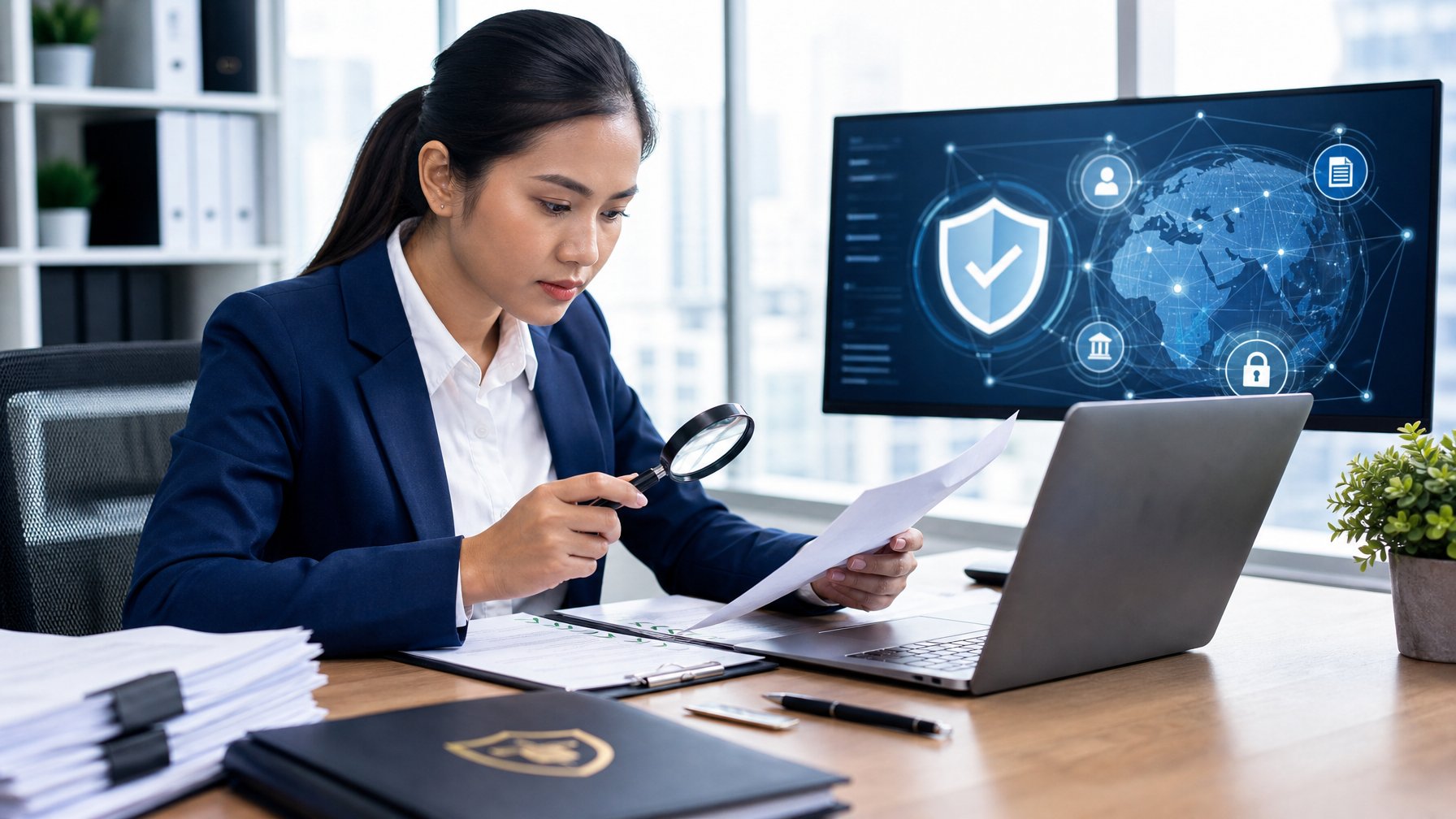 Seorang profesional memeriksa dokumen legalitas dan reputasi operator di kantor modern.