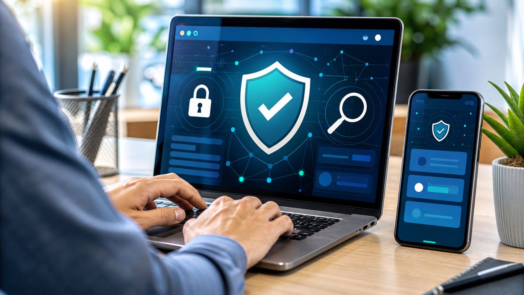Seseorang memeriksa keamanan situs web melalui laptop dan ponsel di meja kerja.