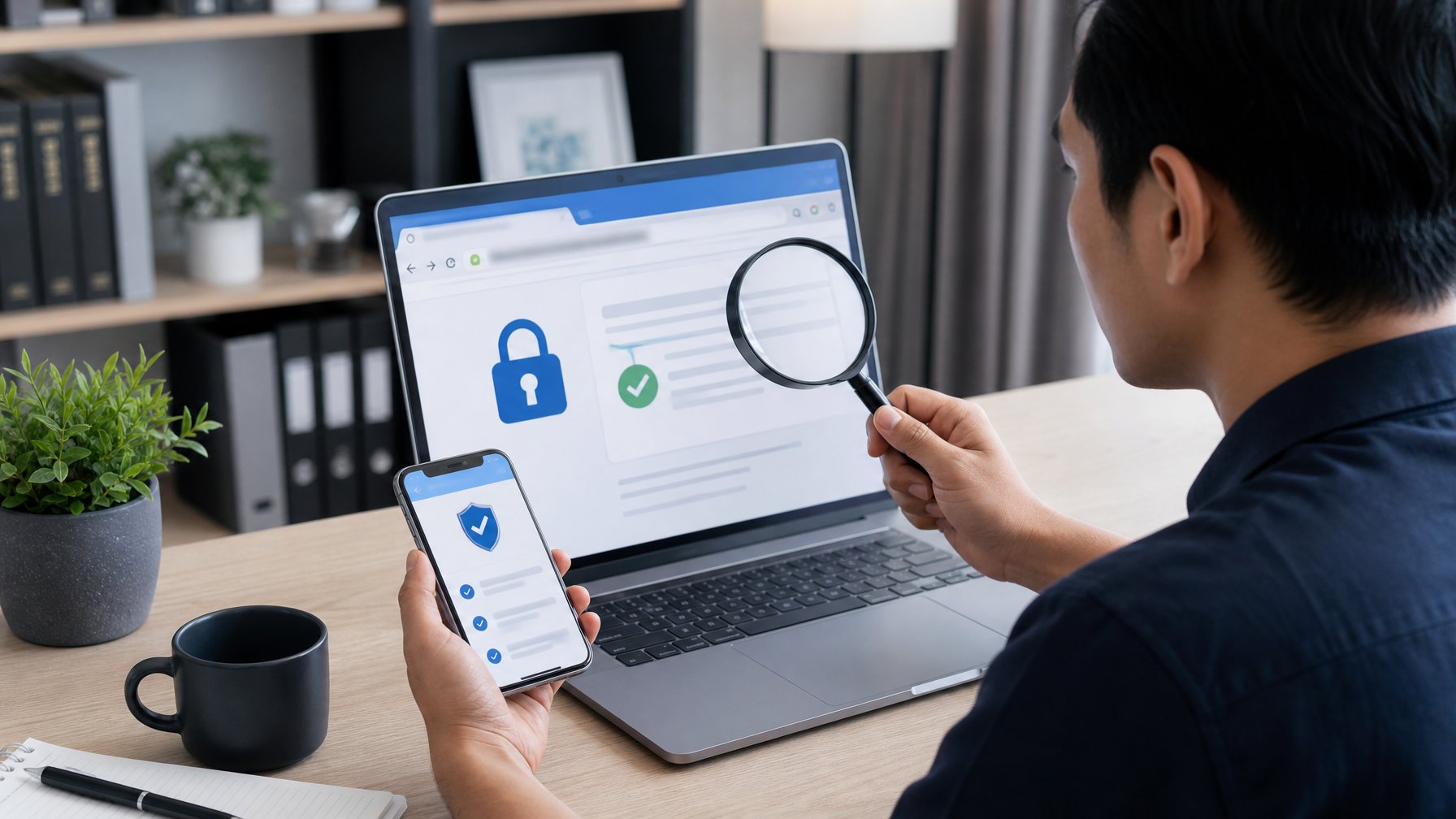 Seseorang memeriksa keamanan situs web di laptop dengan simbol gembok dan perisai.