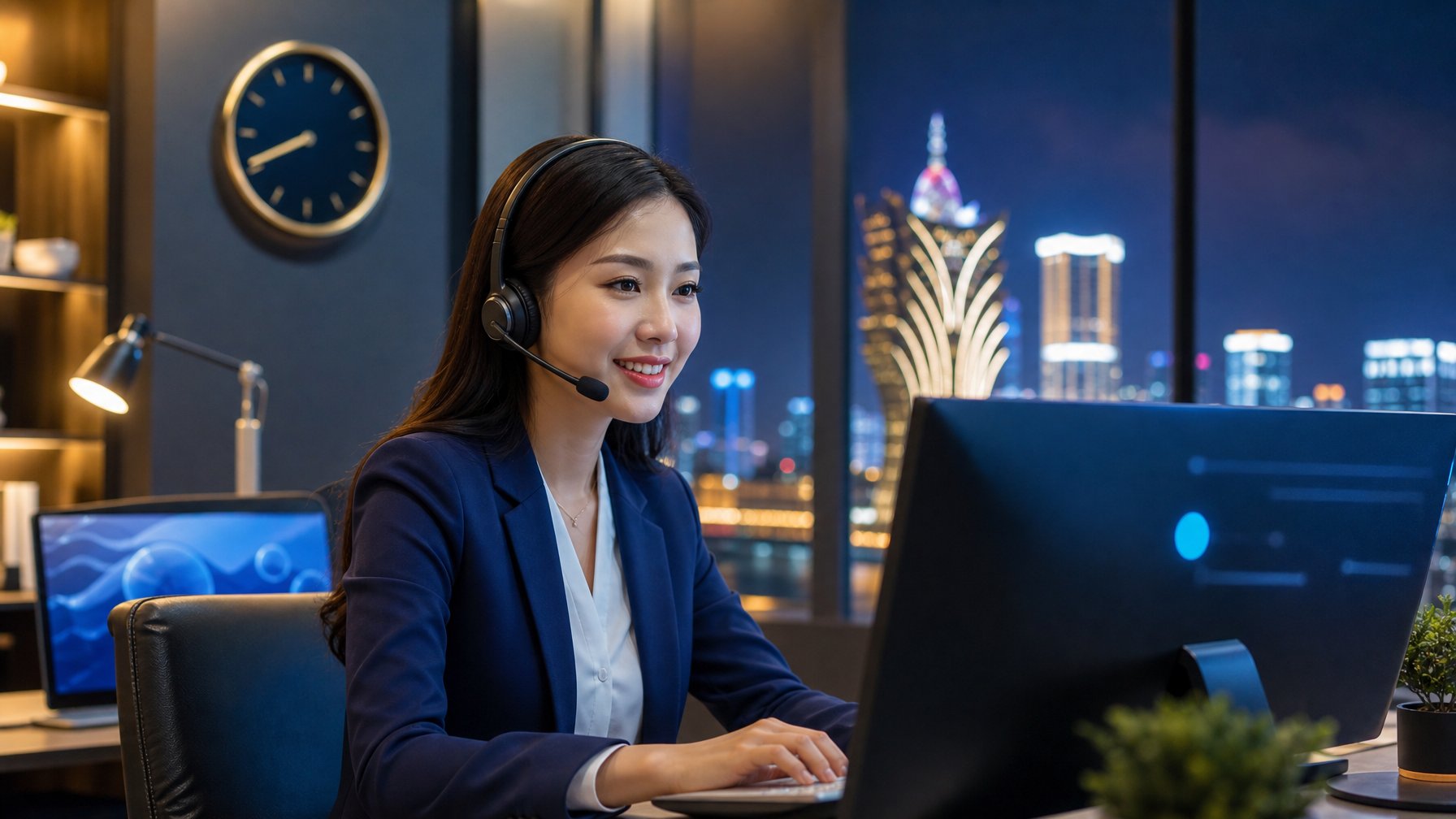 Petugas layanan pelanggan memakai headset membantu pengguna di kantor modern dengan latar kota Macau.