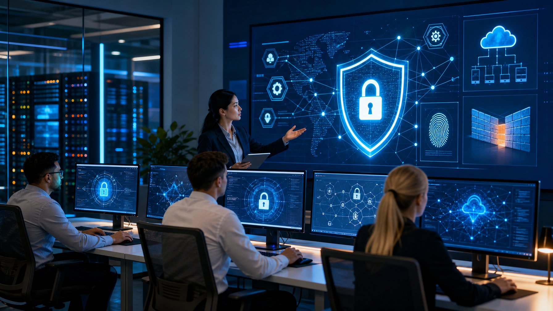 Tim keamanan memantau sistem perlindungan data digital di ruang operasi modern.