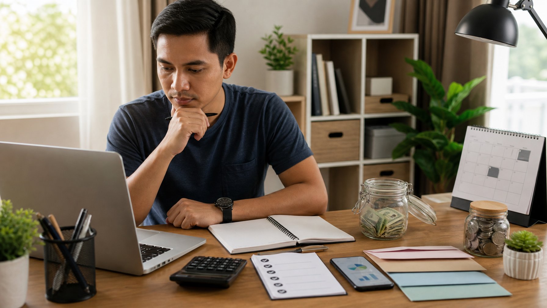 Seseorang meninjau anggaran keuangan dengan laptop, kalkulator, dan amplop tabungan di meja kerja.
