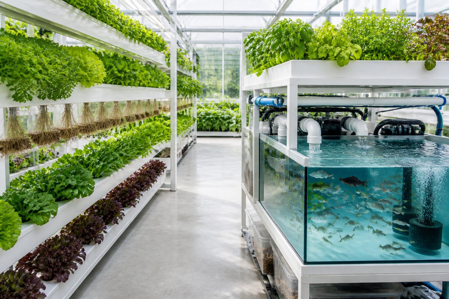 A modern indoor growing system with leafy vegetables in hydroponic channels beside a fish-filled aquaponic tank.