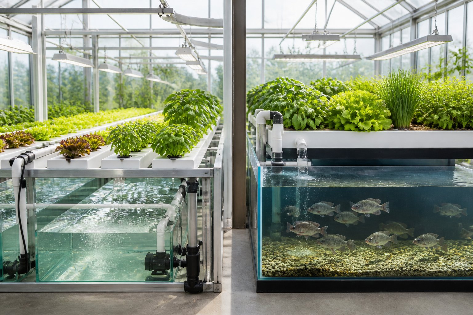A split view showing a hydroponic plant system beside an aquaponic system with fish beneath growing plants.