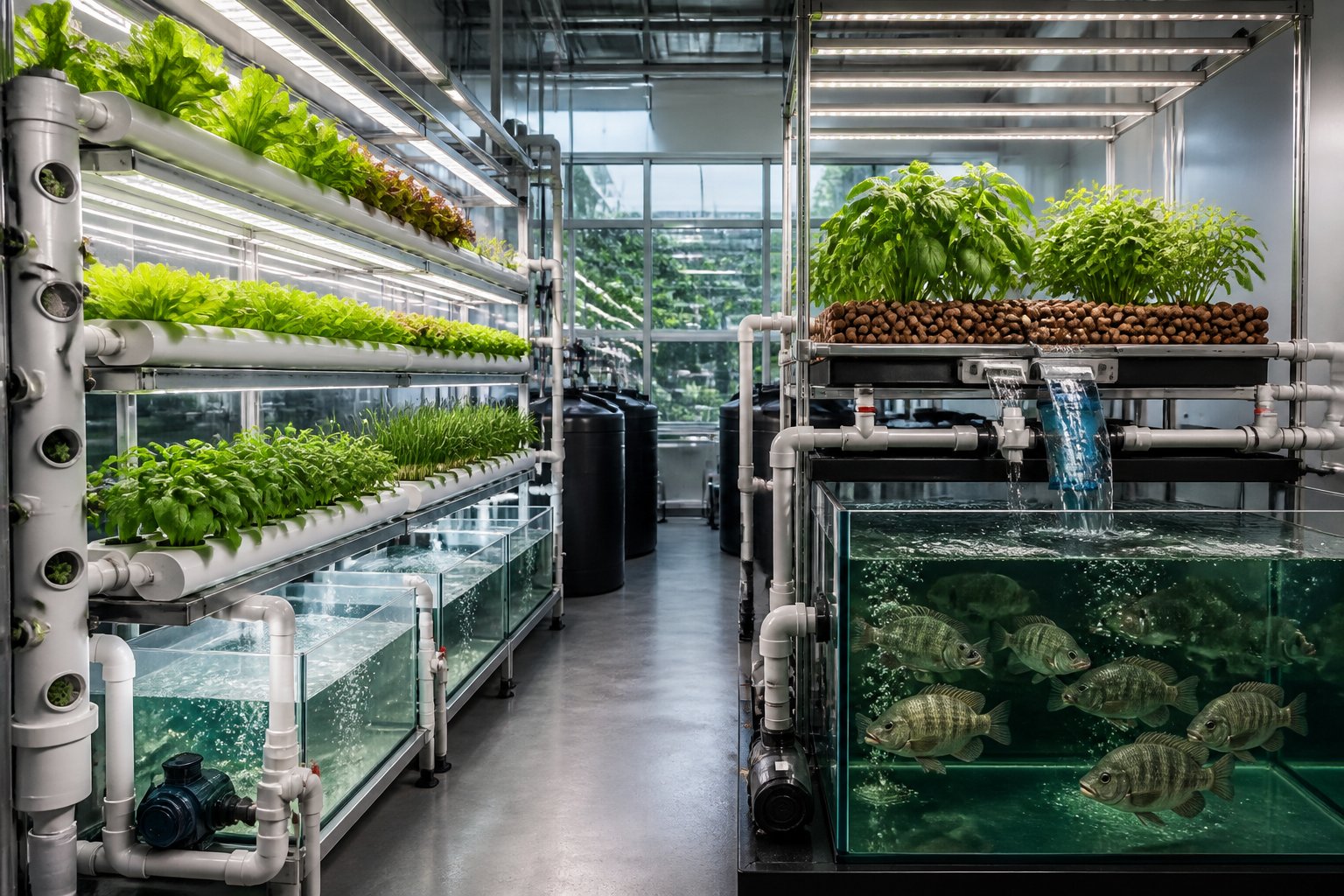 A modern indoor farm showing a hydroponic plant system beside an aquaponic system with fish tanks and circulating water equipment.