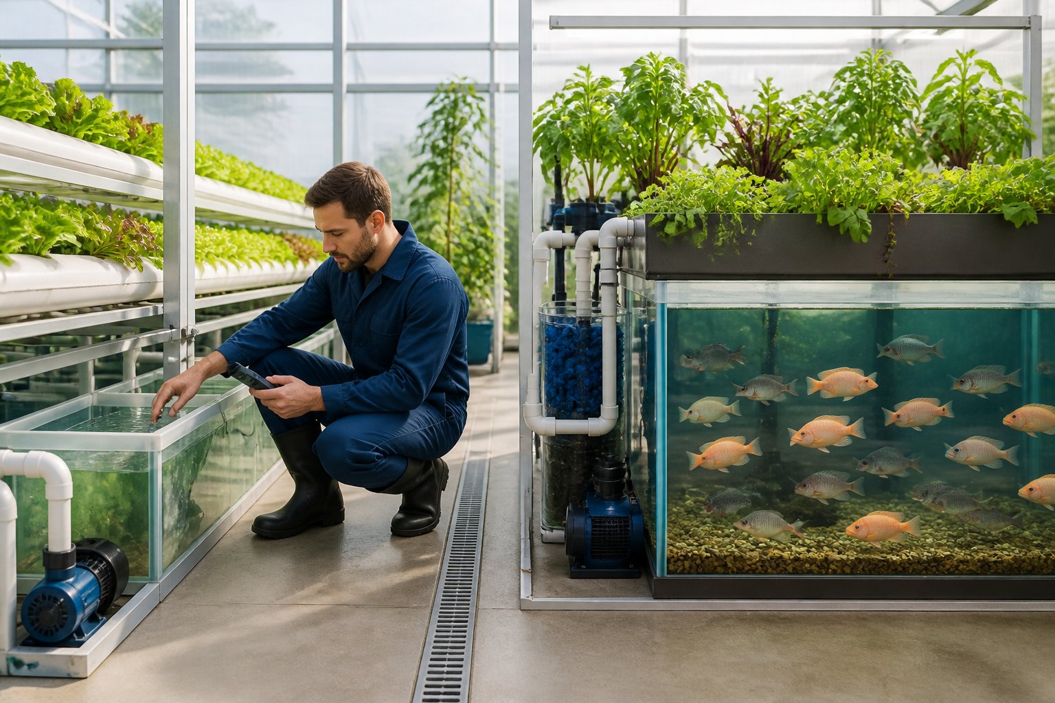 A person checks plants and water systems in a facility containing both hydroponic and aquaponic growing setups.