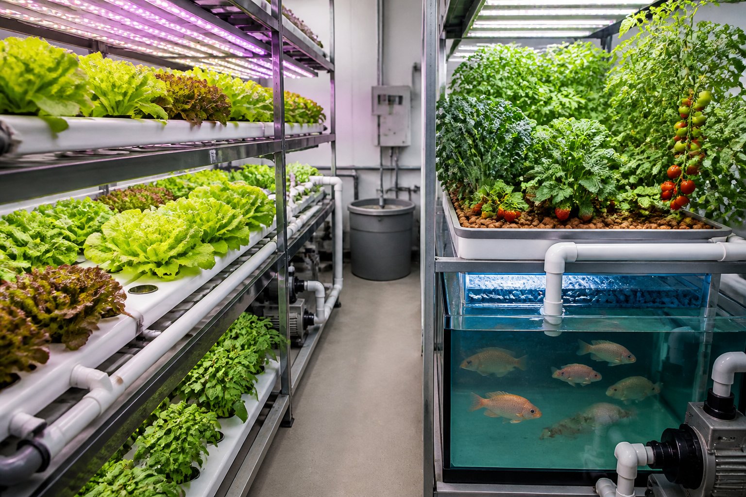 Indoor hydroponic and aquaponic systems growing leafy greens, herbs, and other crops with recirculating water equipment.