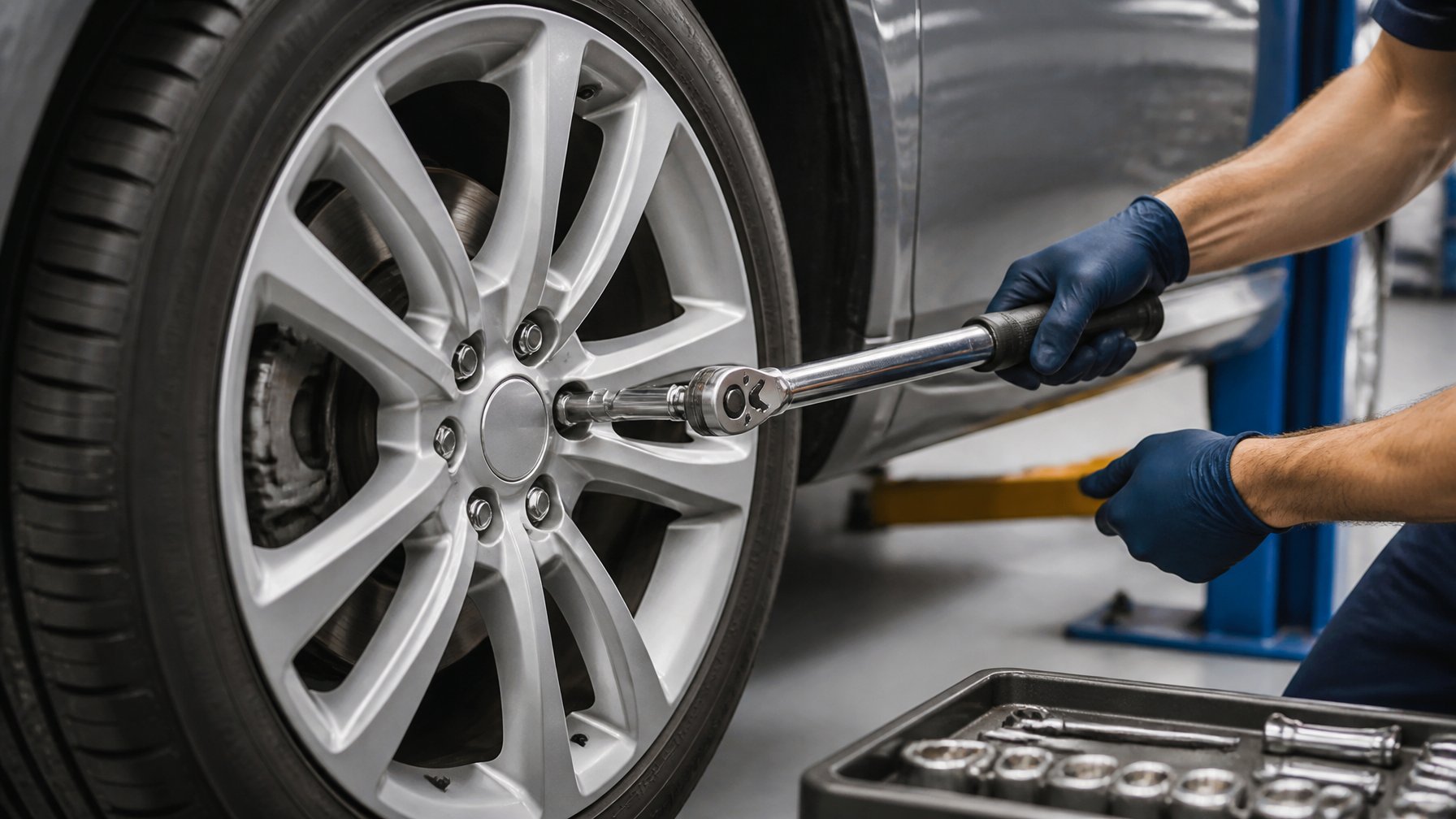 A mechanic uses a torque wrench to tighten a lug nut on a car wheel in a workshop.