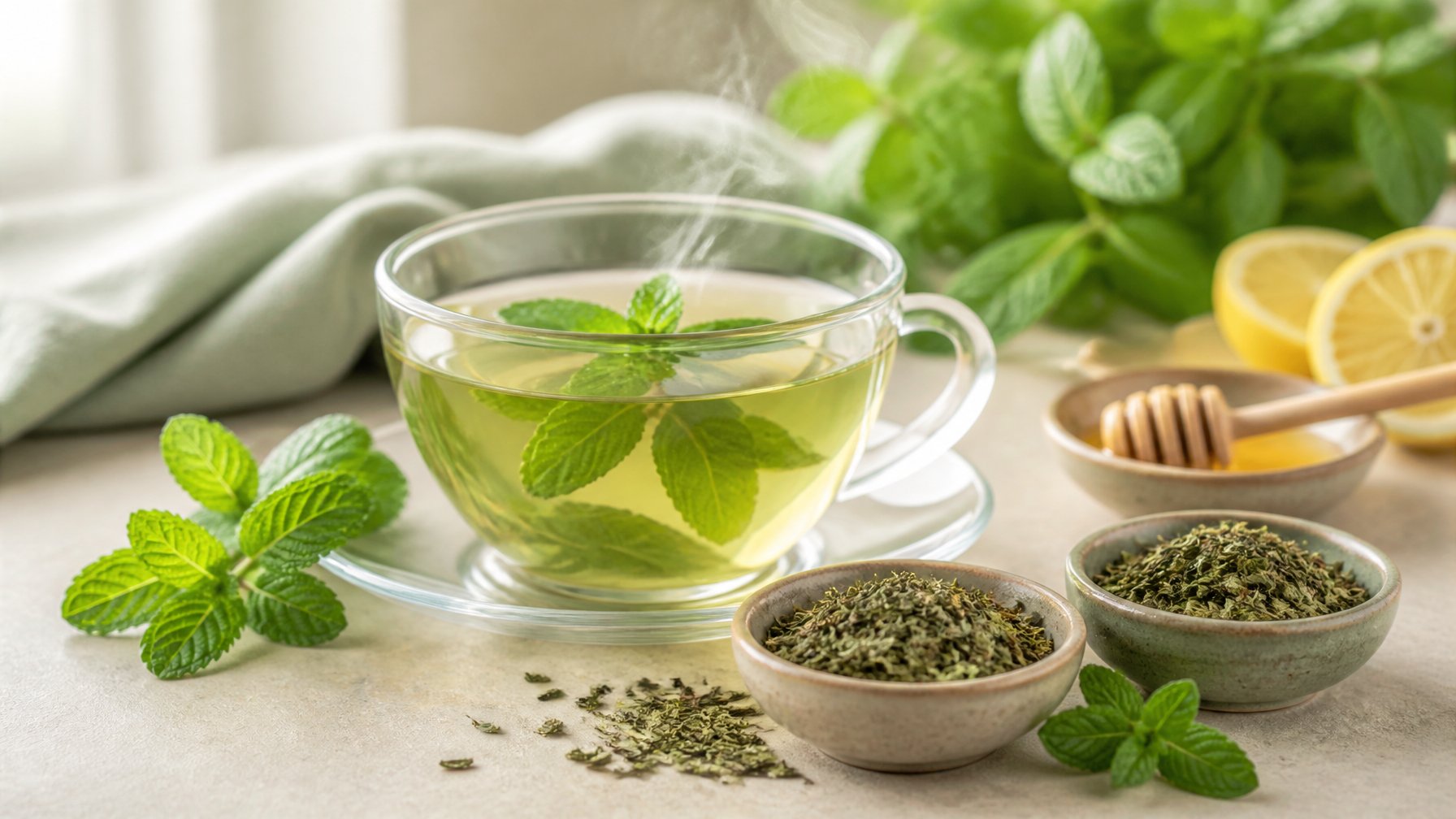 A glass cup of mint tea surrounded by fresh mint leaves, dried mint varieties, lemon slices, and honey.