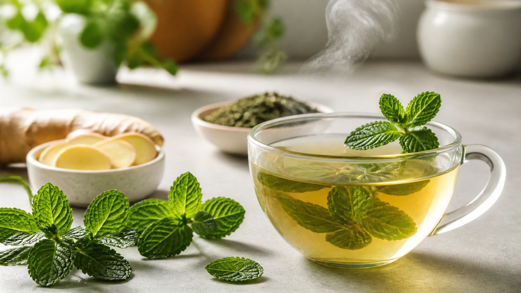A steaming cup of mint tea sits beside fresh mint leaves on a light tabletop.