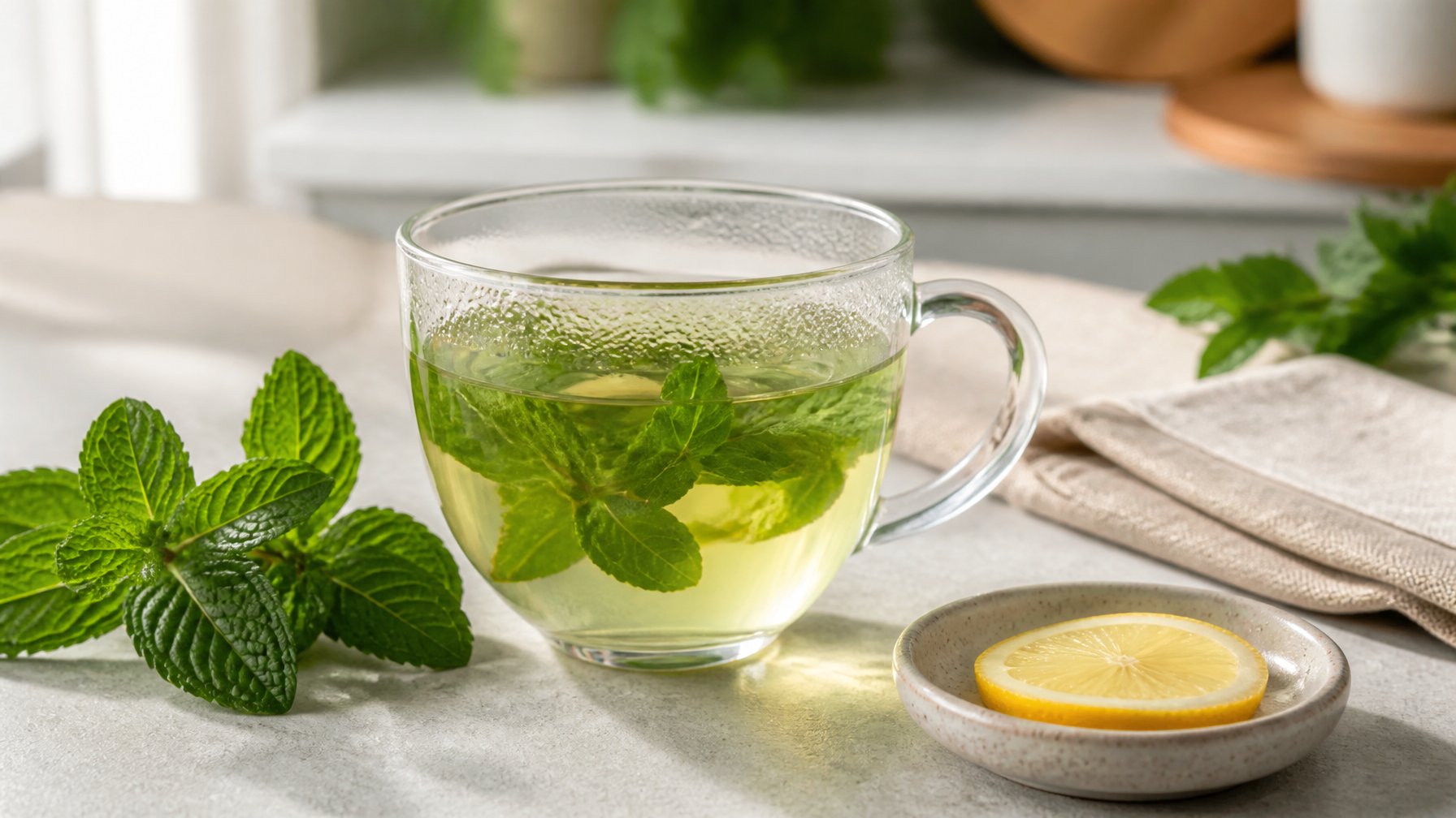A glass cup of mint tea with fresh peppermint leaves on a bright kitchen table.