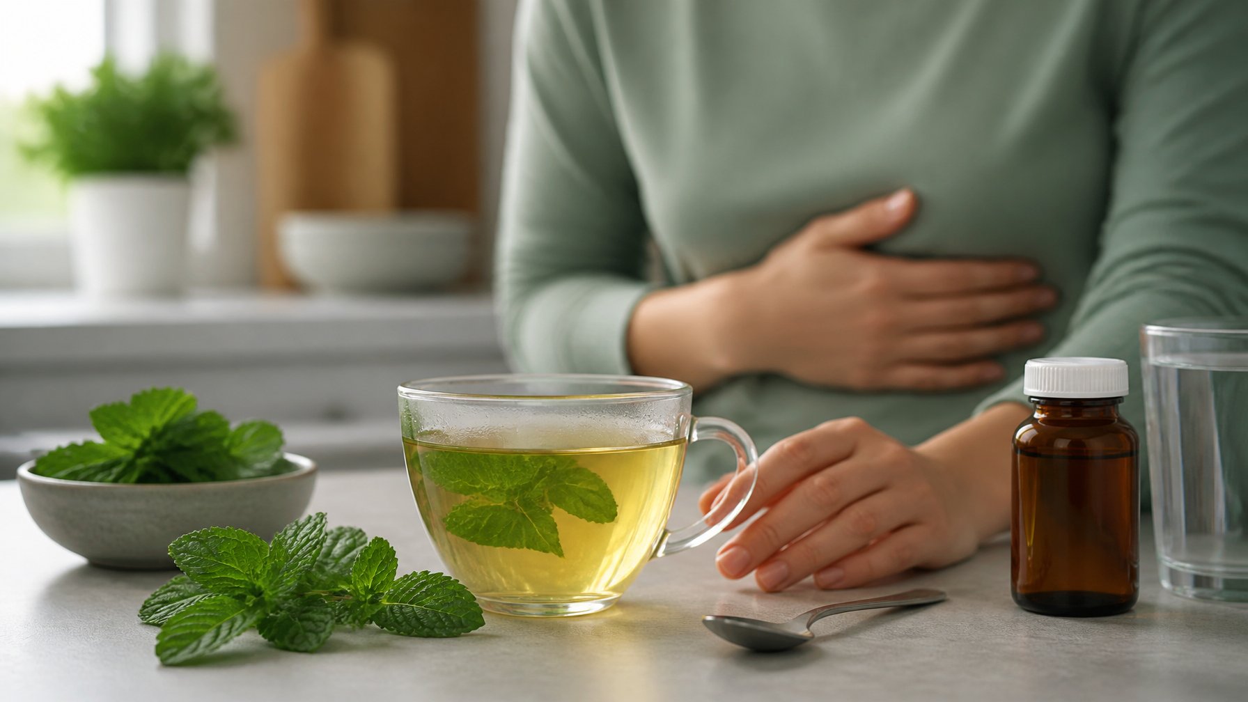 A glass of mint tea with fresh mint leaves and an unopened medicine bottle on a kitchen counter, with a person nearby holding their upper abdomen.