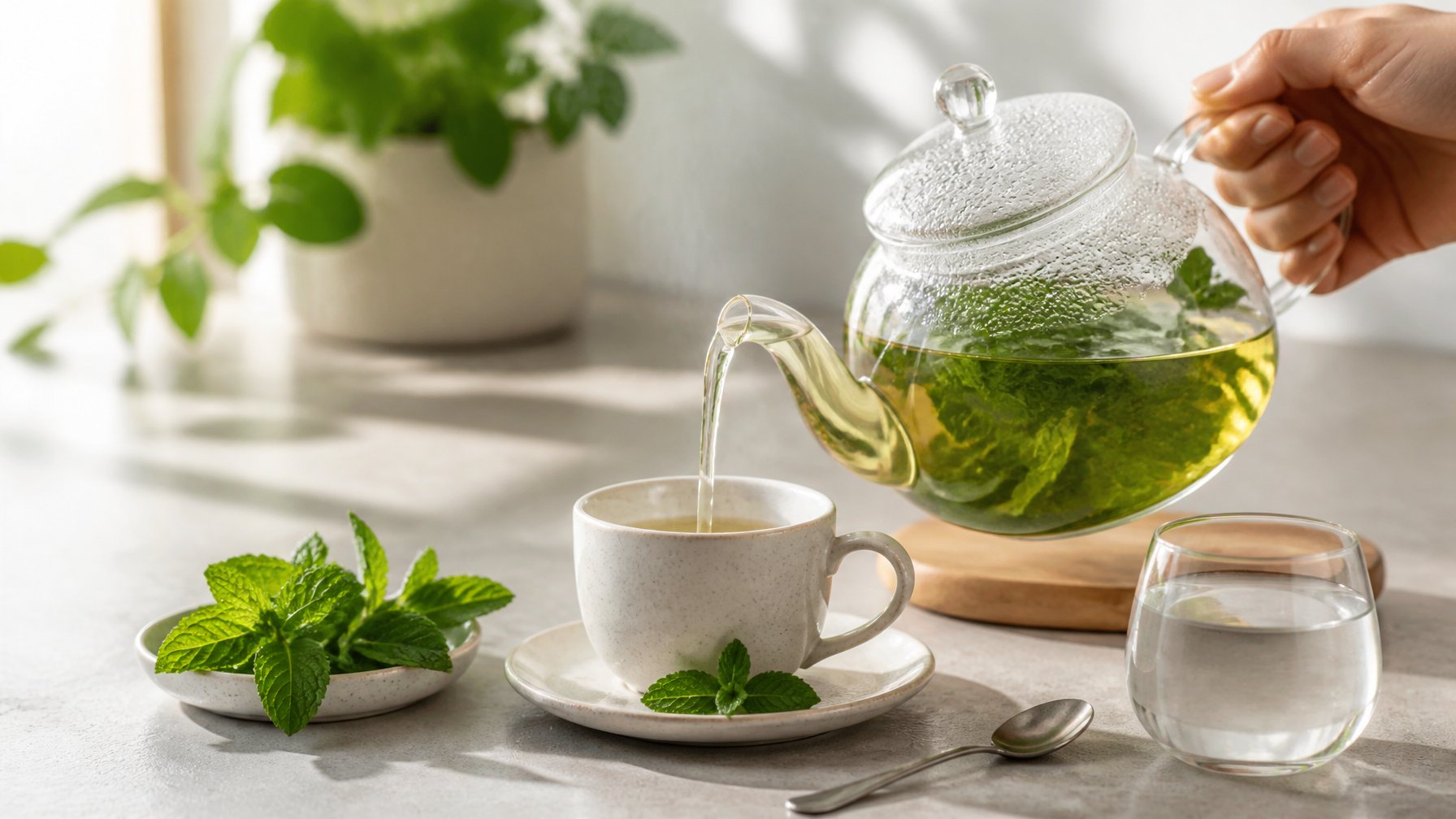 A glass teapot and cup of mint tea with fresh mint leaves on a clean kitchen table.