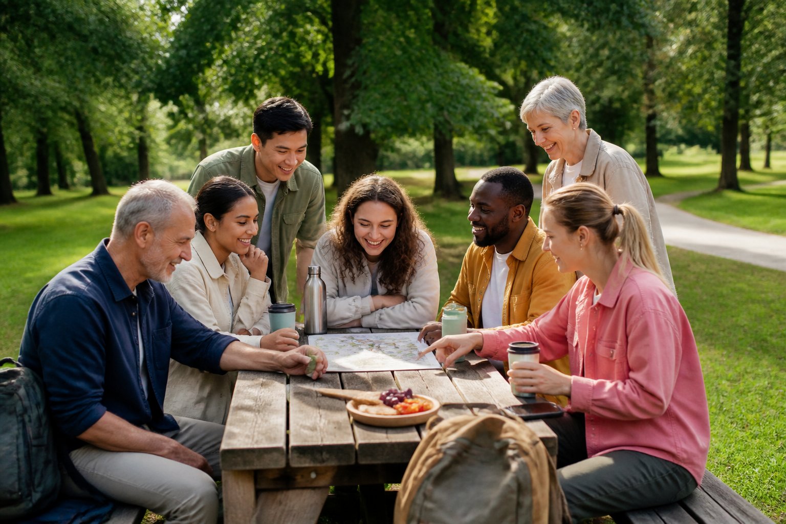 Een diverse groep collega's geniet samen van een ontspannen teamuitje in een groen park.
