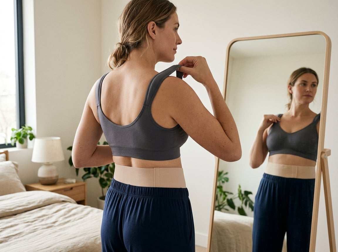 Woman wearing a comfortable wire-free recovery bra in a bright dressing area.