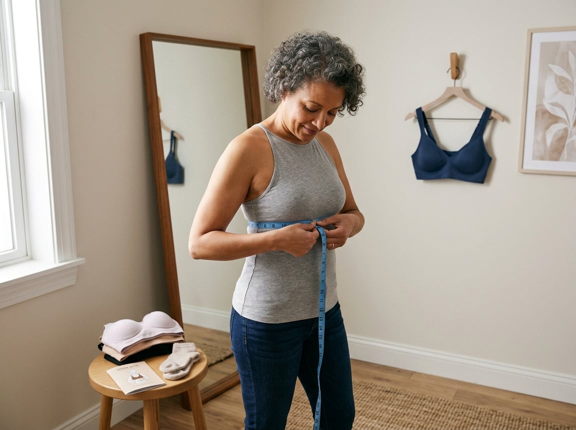 Woman measuring her torso with a soft tape measure in a private room while preparing for a supportive bra fitting.