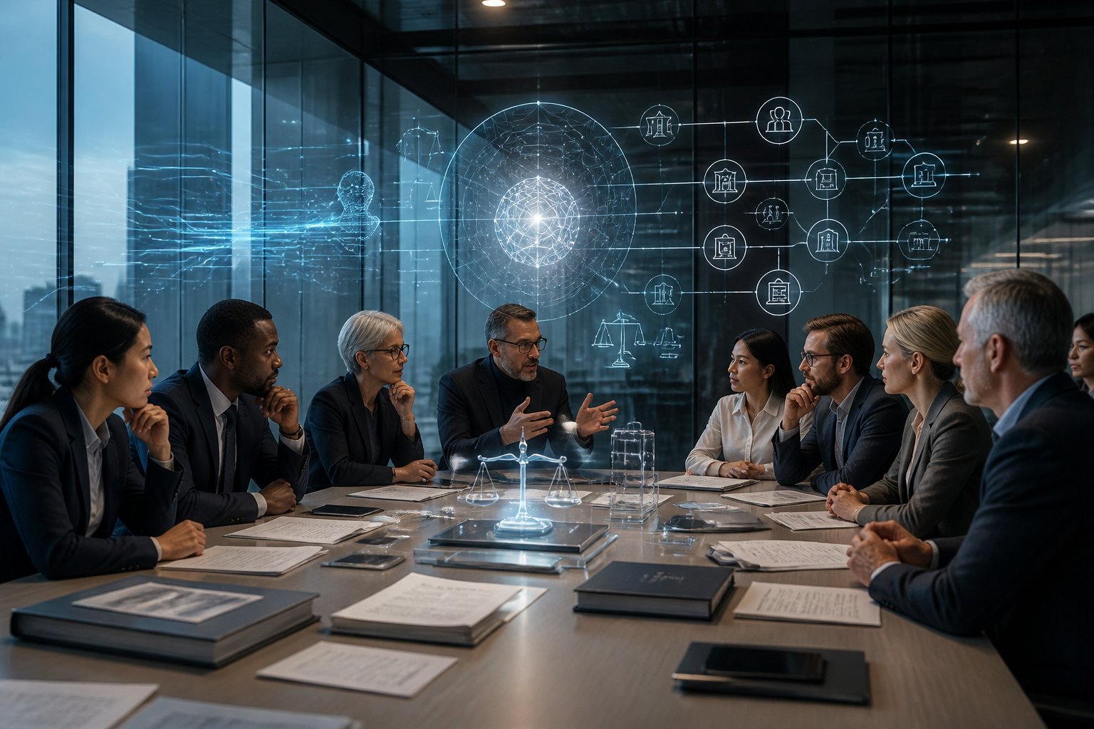 A group of experts studies complex data around a glowing artificial intelligence system in a modern conference room.