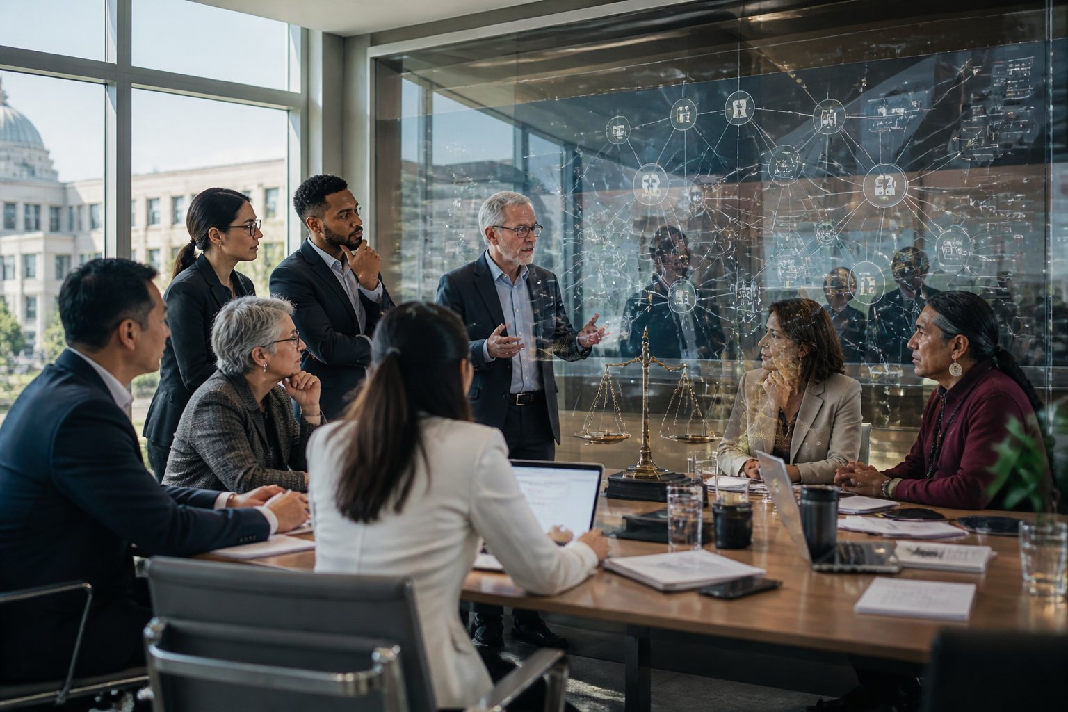 A diverse group of professionals discusses AI governance around a conference table with complex digital systems displayed nearby.