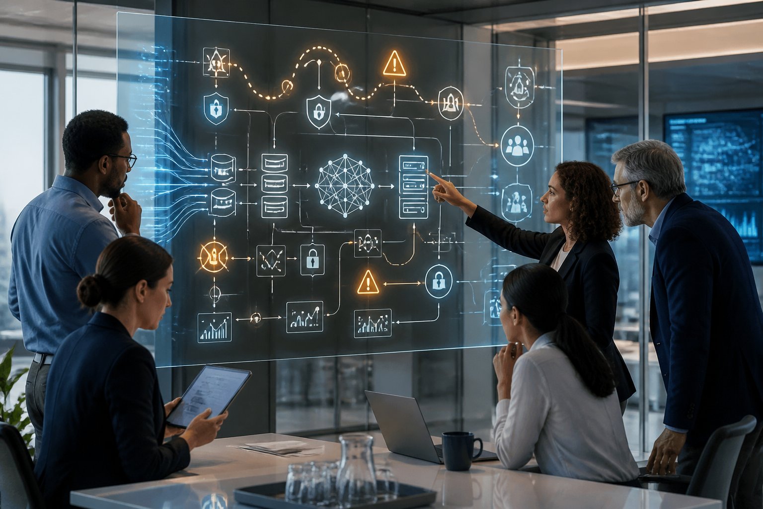 A diverse team reviews interconnected AI risks and oversight checkpoints in a modern technology workspace.