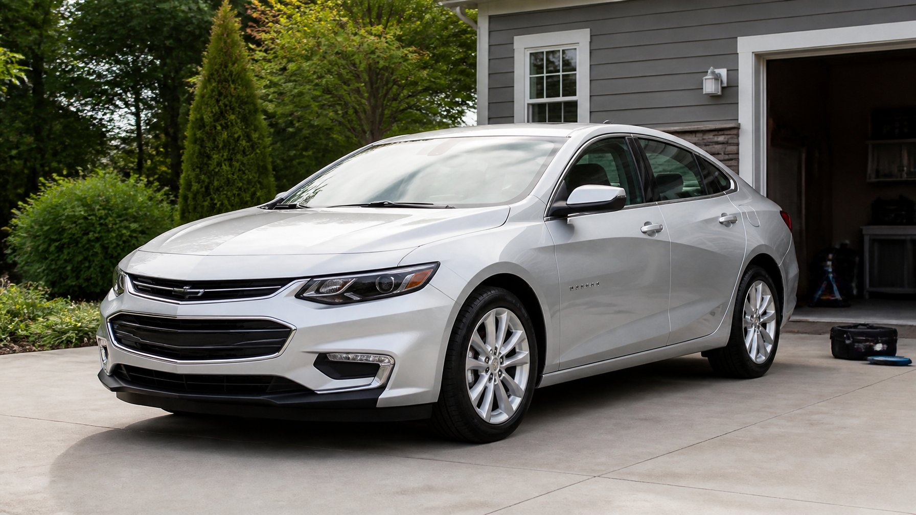 A well-maintained silver sedan parked in a suburban driveway beside a garage.