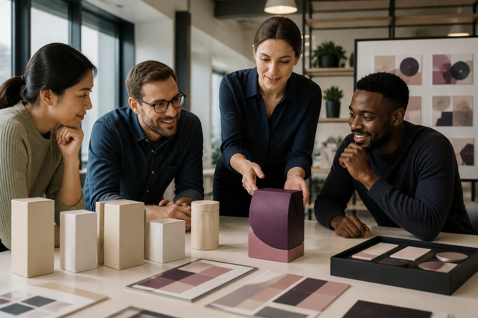 A creative business team compares distinctive unbranded product packages in a modern workspace.