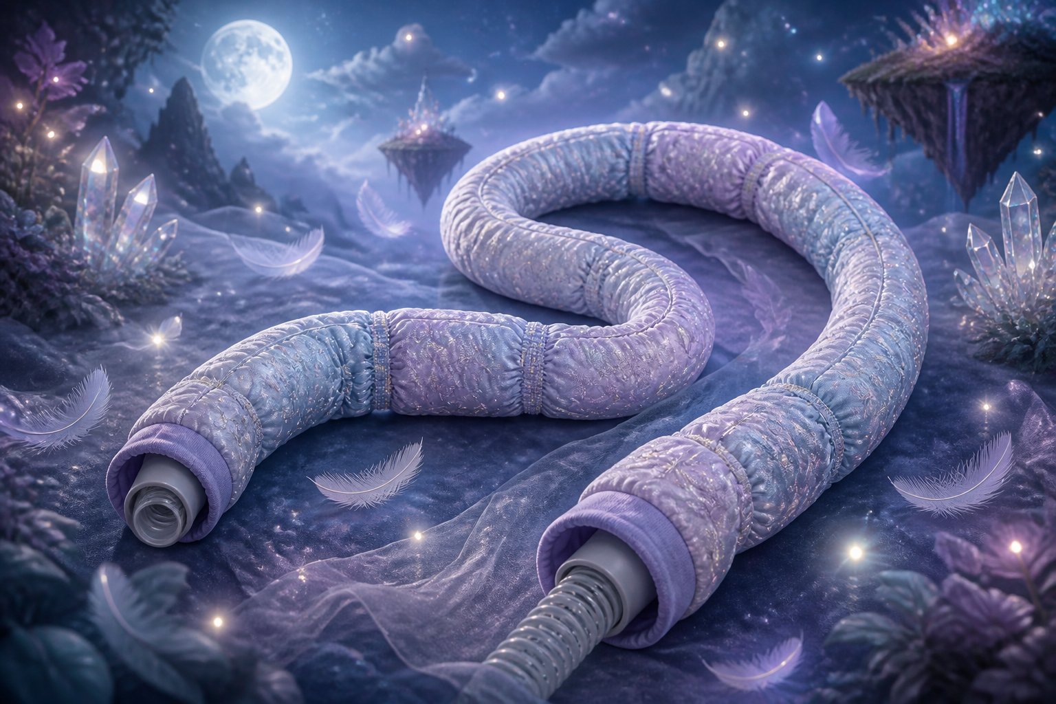 A softly glowing fabric cover wrapped around a curved hose in a moonlit fantasy landscape.