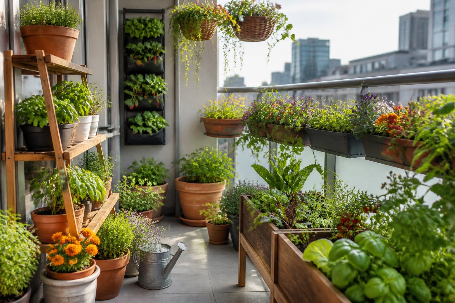 A sunny apartment balcony filled with potted vegetables, herbs, flowers, and hanging planters.