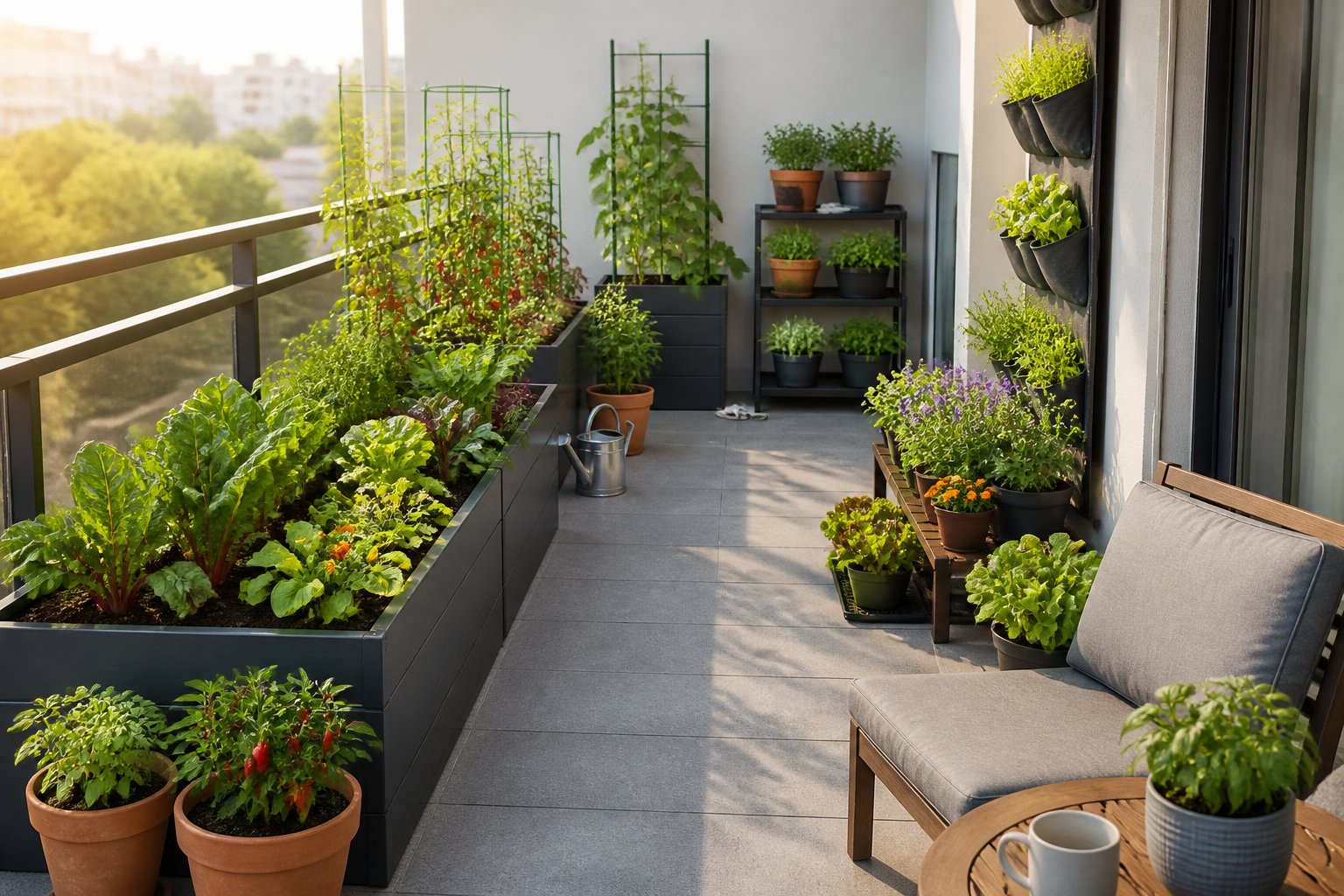 A well-organized balcony garden with potted vegetables, herbs, flowers, and open space for additional plants.