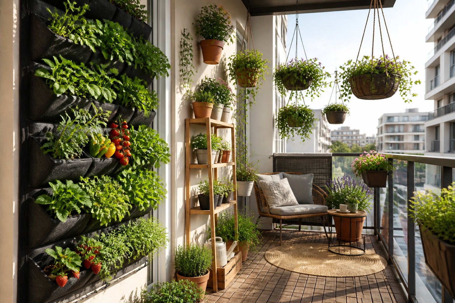 A balcony garden with vertical planters, tiered shelves, and hanging baskets filled with herbs, vegetables, and flowers.