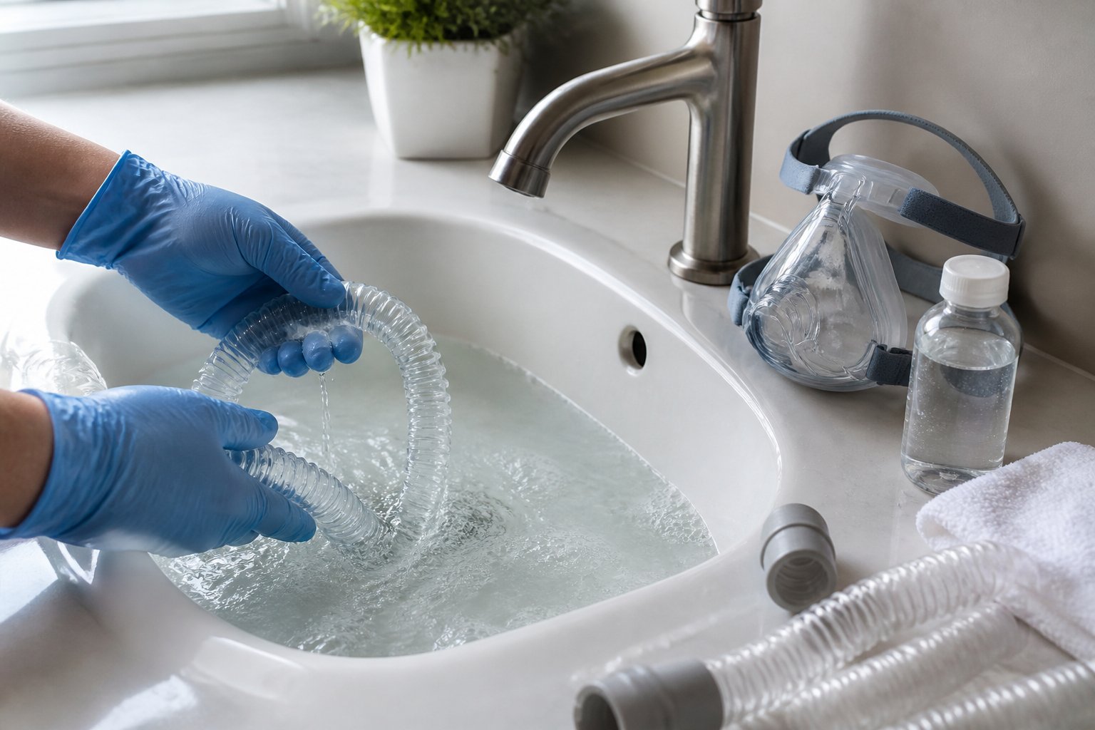 Gloved hands wash a transparent CPAP hose in a sink with a CPAP mask and towel nearby.