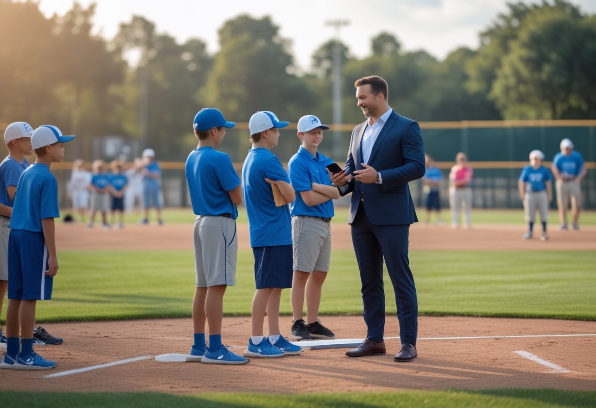 A real estate agent speaks with parents and coaches beside a youth baseball field while children play in the background.