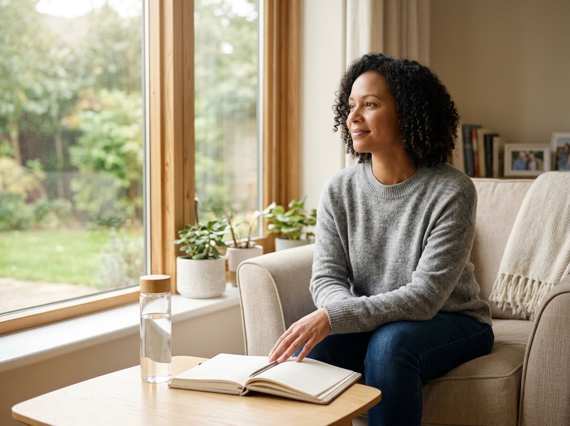 A young breast cancer survivor sits by a sunny window, reflecting peacefully while a supportive friend sits nearby.