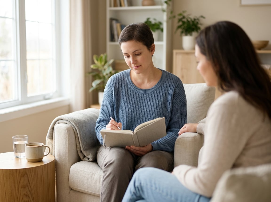 A young breast cancer survivor sits at home with a supportive loved one during recovery.