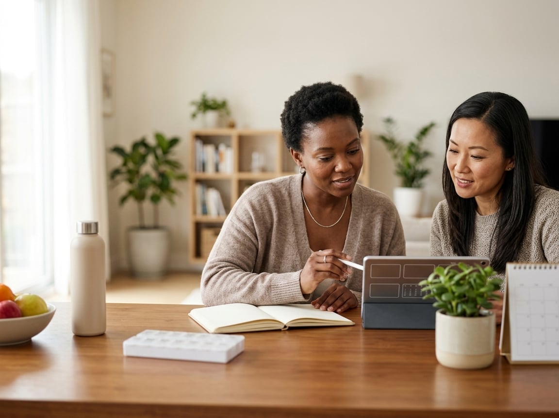 A young breast cancer survivor reviews a recovery plan with a supportive companion at home.