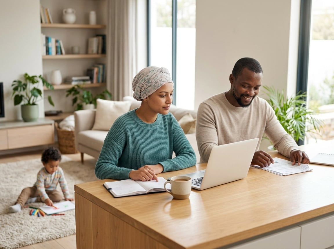 A young breast cancer survivor shares a supportive moment with family at home while balancing work and daily life.