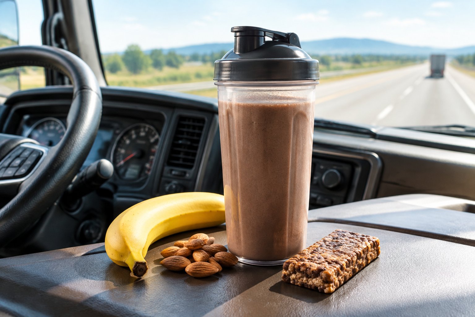 A chocolate protein milkshake with a banana, almonds, and a protein bar in a truck cabin.