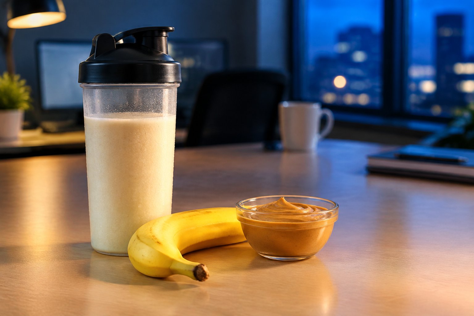 A creamy drink in a shaker bottle beside a banana and peanut butter on a break-room table at night.