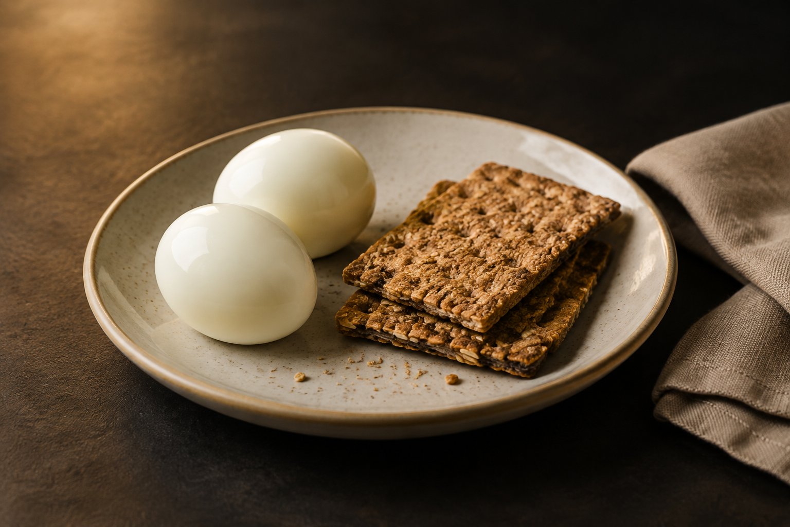 Peeled hard-boiled eggs and whole-grain crackers arranged on a plate.