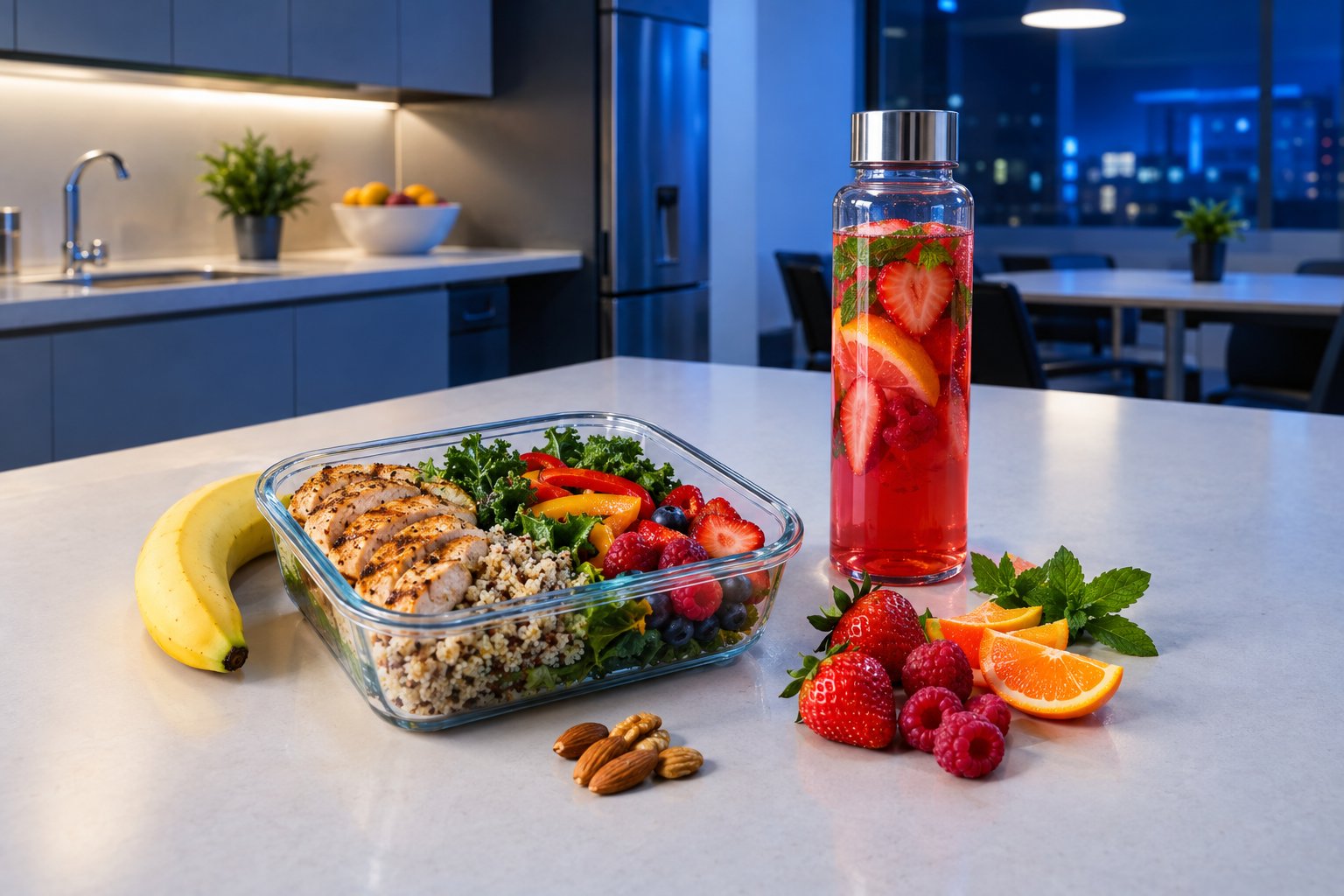 A healthy meal with colorful fruits, vegetables, grains, and a red fruit-infused drink arranged in a workplace kitchenette.