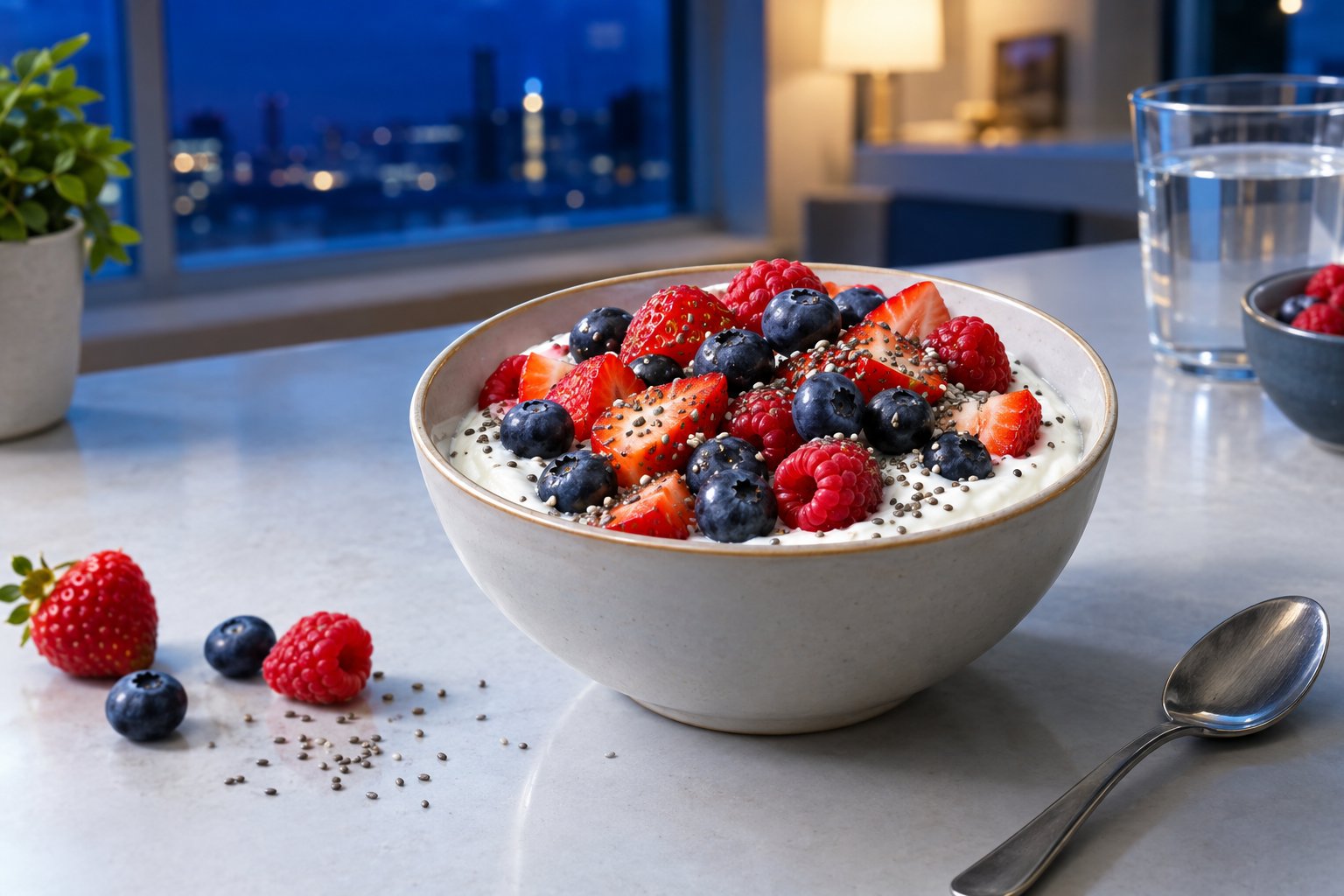 A bowl of Greek yogurt topped with blueberries, raspberries, strawberries, and chia seeds on a table.
