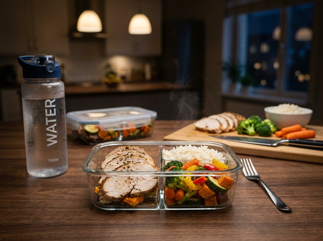 A meal-prep container with turkey, rice, and roasted vegetables beside a water bottle on a kitchen counter.