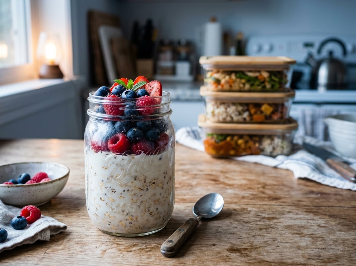 A glass jar of Greek yogurt overnight oats topped with blueberries, raspberries, and strawberries beside meal-prep containers.