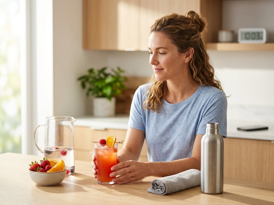 A person reaches for a glass of bright fruit punch drink beside fresh fruit on a sunlit morning.