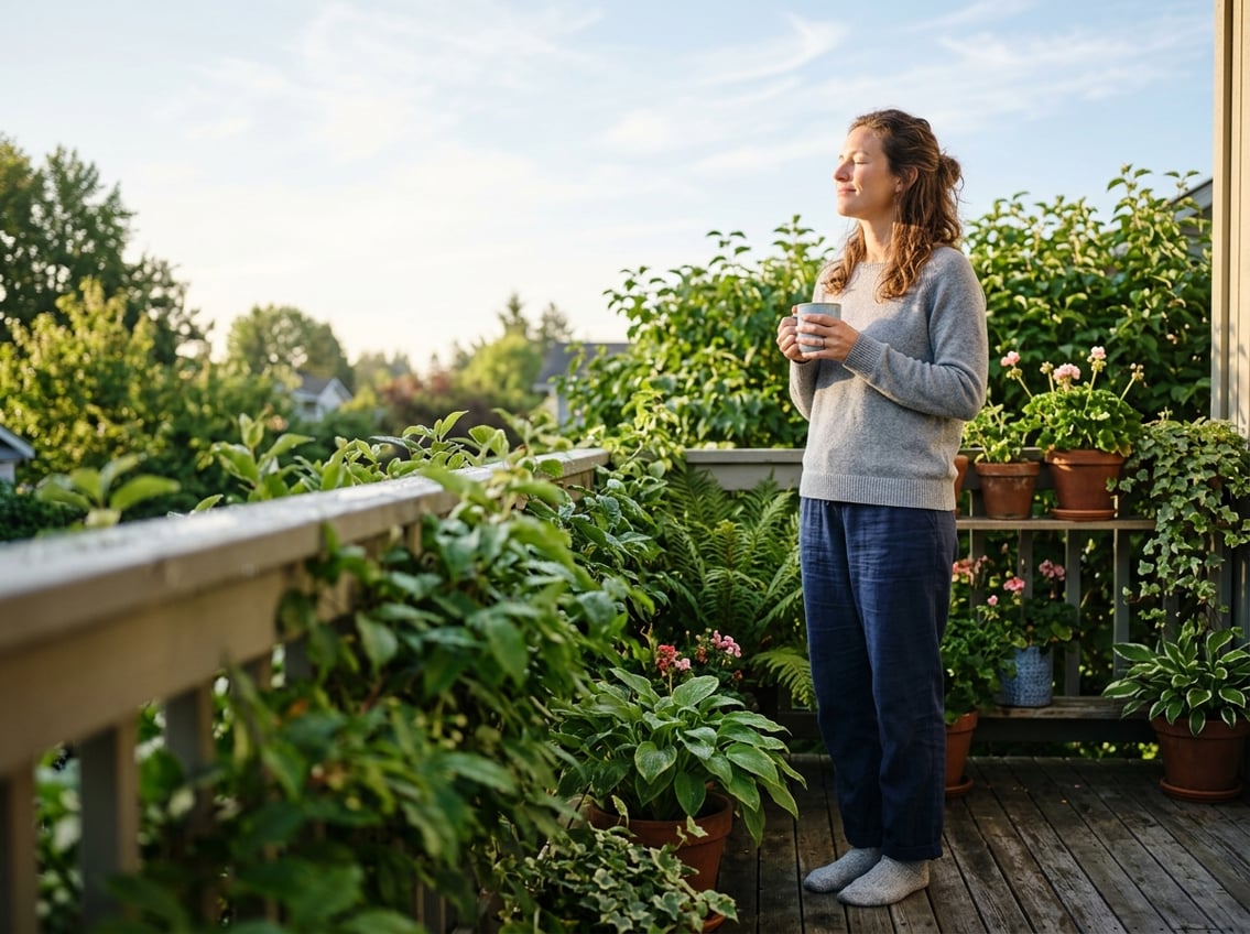 A person enjoying gentle morning sunlight outdoors beside green plants.