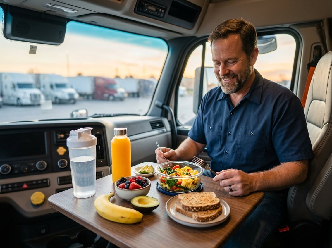 A truck driver sits in a semi-truck cab beside a healthy breakfast and a bottle of water.