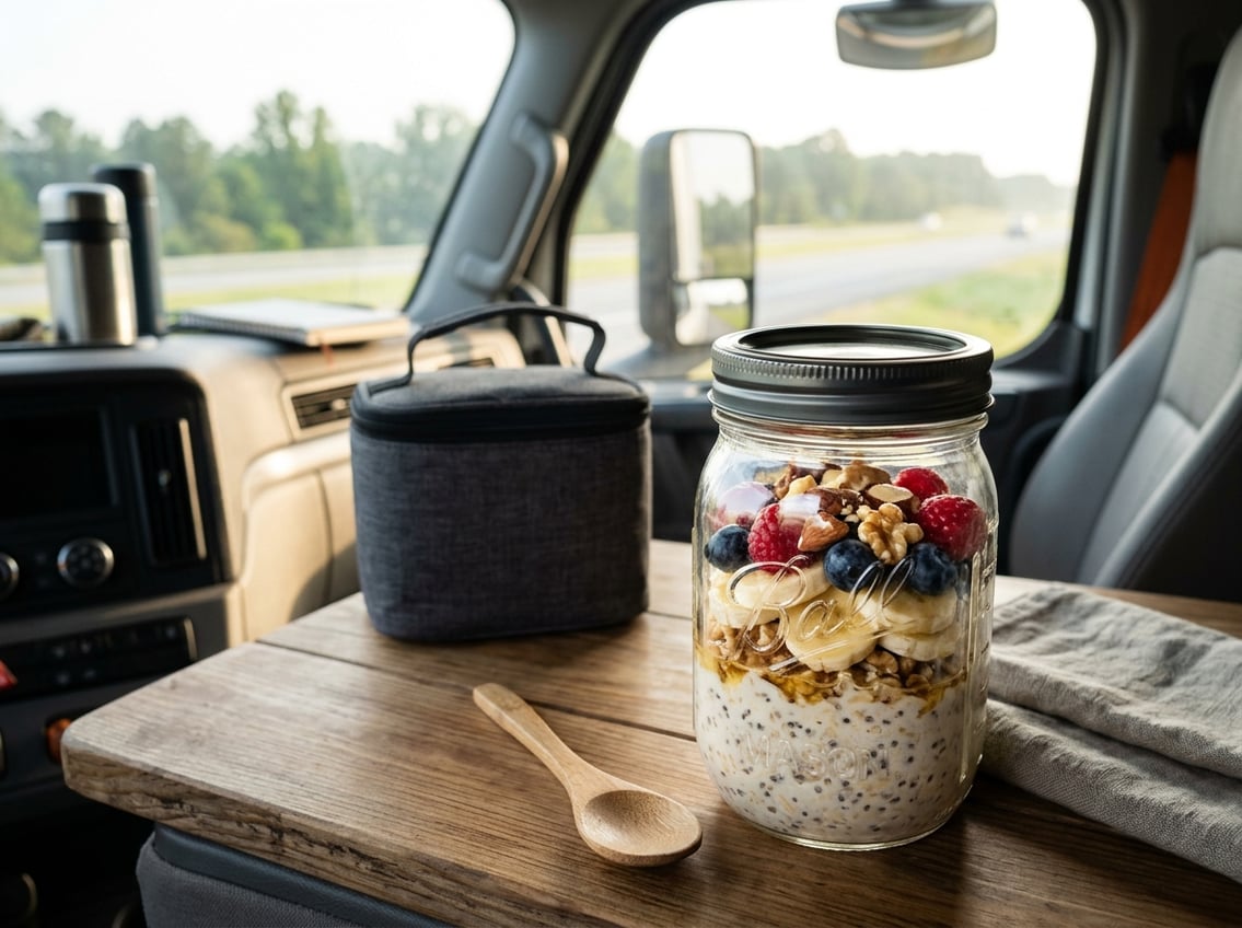 A portable container of overnight oats topped with berries, banana, nuts, and honey beside a travel cooler.
