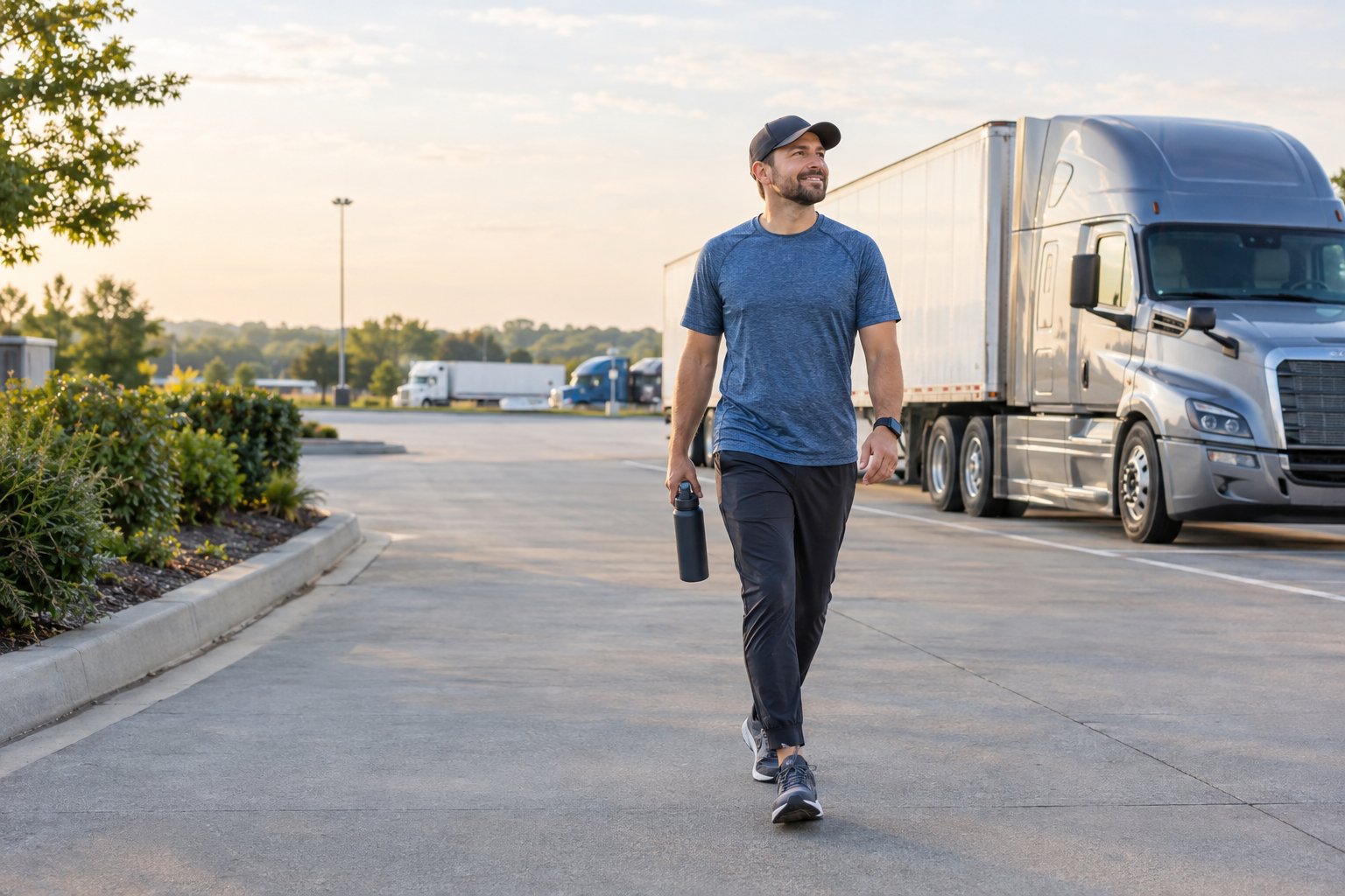 A truck driver walks laps beside a parked semi-truck while carrying a water bottle.